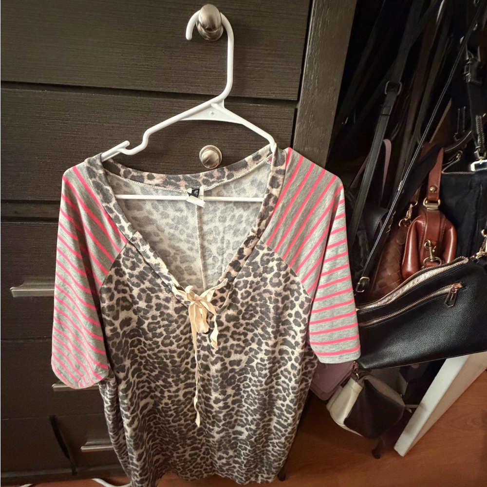 Leopard and Striped Short Sleeve Women's Top